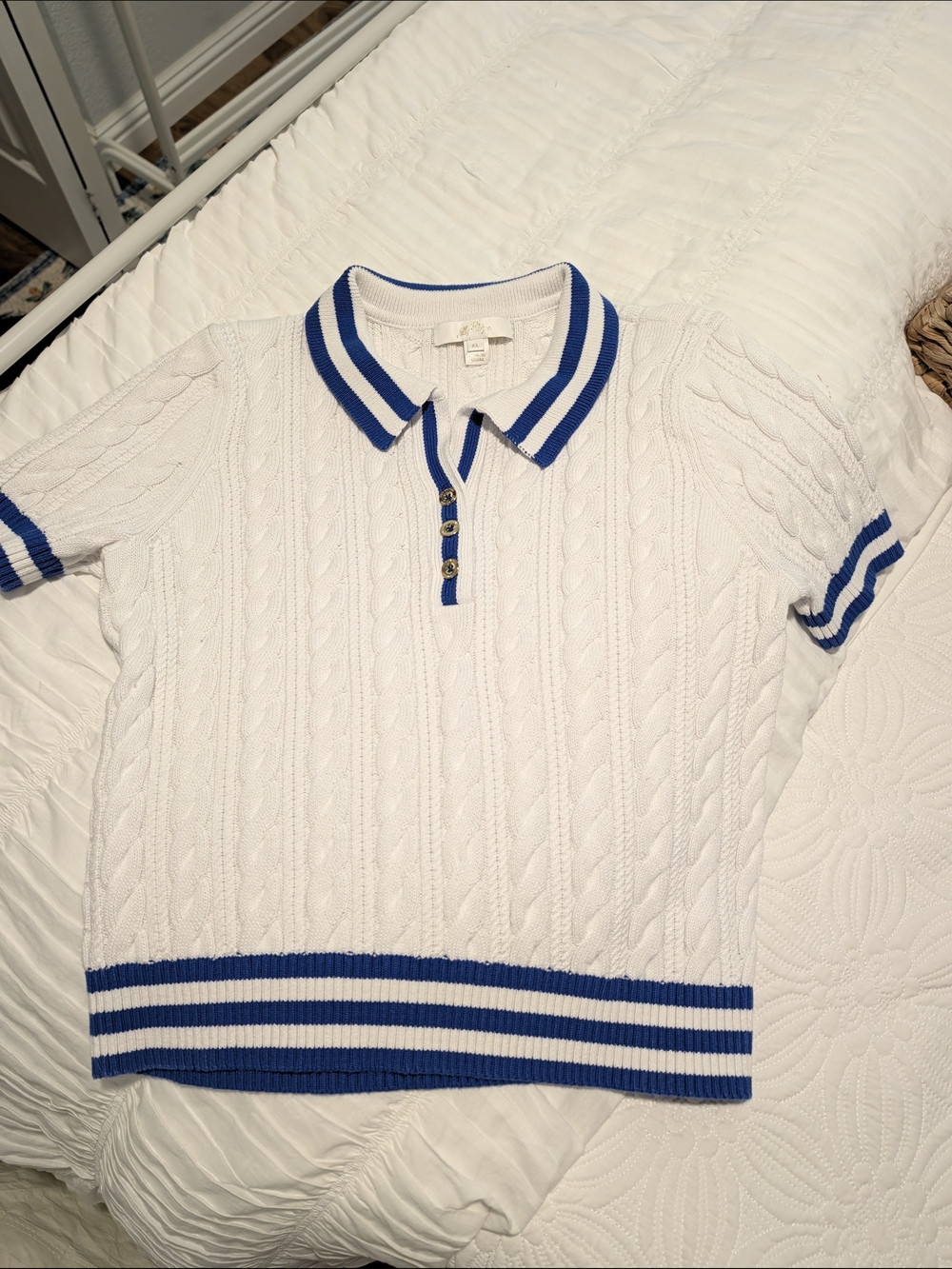 NWOT Lilly Pulitzer White Cable-Knit Polo with Royal Blue Striped Trim